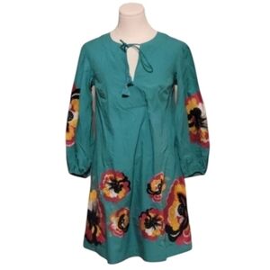 Anthropologie Teal Blue Tunic Dress With Embroidered Yellow Flowers Size XXS